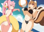  2girls absurdres animal_ears antenna_hair ass ball beach beachball bikini black_bikini blazblue blush breasts brown_hair cat_ears cat_tail chestnut_mouth clouds cloudy_sky glasses hair_ribbon highres kokonoe large_breasts long_hair makoto_nanaya mirano multicolored_hair multiple_girls pink_hair red_eyes ribbon short_hair sky squirrel_ears squirrel_tail swimsuit tail twintails two-tone_hair white_bikini 