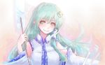  1girl green_hair hand_up hoshibuchi kochiya_sanae long_hair looking_at_viewer oonusa solo touhou upper_body 