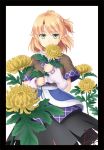  1girl arm_warmers black_skirt blonde_hair closed_mouth cowboy_shot flower gomi_(gomitin) green_eyes holding holding_flower mizuhashi_parsee pointy_ears ponytail sash scarf short_hair short_sleeves skirt solo touhou white_background white_scarf windowboxed 