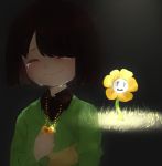 androgynous artist_name brown_hair chara_(undertale) closed_eyes collared_shirt flower flowey_(undertale) heart heart_necklace highres shirt smile spoilers spotlight striped striped_sweater sweater tears transparent undertale upper_body victoria_(viv404) 