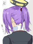  1girl alternate_hairstyle dated facing_away from_behind kantai_collection long_hair mechanical_halo nape ponytail purple_hair simple_background solo tatsuta_(kantai_collection) translation_request tsukimi_50 