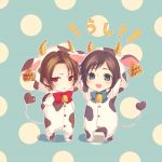  ! 2boys :d animal_costume arms_up bell bitikara black_hair blue_bow blue_bowtie blue_eyes blush bow bowtie brown_hair chibi cow_bell cow_costume ear_clip full_body hand_on_hip heart kashuu_kiyomitsu looking_at_viewer male_focus multiple_boys open_mouth polka_dot polka_dot_background red_bow red_bowtie red_eyes smile standing touken_ranbu yamato-no-kami_yasusada 