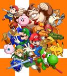  &gt;_&lt; 1girl 6+boys :d baseball_cap black_eyes blonde_hair blue_eyes blue_overalls blue_shorts blush brown_hair captain_falcon clenched_hand commentary_request creature creatures_(company) donkey_kong donkey_kong_(series) f-zero facial_hair fox_mccloud furry game_freak gen_1_pokemon gloves green_hat gun hat helmet highres holding holding_baseball_bat holding_gun holding_sword holding_weapon jigglypuff kamakiri kirby kirby_(series) legs_apart link long_sleeves looking_at_viewer looking_away luigi male_focus mario super_mario_bros. metroid mother_(game) mother_2 multiple_boys muscle mustache necktie ness nintendo open_mouth orange_background overalls pants pikachu pointing pokemon pokemon_(creature) power_armor red_footwear red_hat red_neckwear samus_aran shield shirt shoelaces shoes short_sleeves shorts sideways_hat smile sneakers star_fox striped striped_shirt super_smash_bros. sword the_legend_of_zelda the_legend_of_zelda:_ocarina_of_time tongue tongue_out v weapon white_gloves white_pants yoshi 
