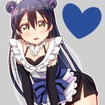  1girl alternate_costume alternate_hairstyle blue_hair blush double_bun elbow_gloves enmaided gloves grey_background heart long_hair looking_at_viewer love_live! love_live!_school_idol_project maid simple_background skull573 solo sonoda_umi twitter_username yellow_eyes 