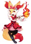  bow braixen choker dress fire flame fug_(4chan) hair_bow no_humans pink_skirt pokemon serena_(pokemon)_(cosplay) skirt solo standing standing_on_one_leg white_background 