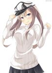  1girl alternate_costume blue_eyes brown_hair graf_zeppelin_(kantai_collection) hat kankitsunabe_(citrus) kantai_collection long_hair peaked_cap ribbed_sweater smile standing sweater twintails 