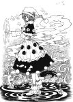  1girl absurdres bubble butterfly clouds doremy_sweet dream_soul dress hat highres ko_kita monochrome nightcap pom_pom_(clothes) short_hair smile solo tapir_tail touhou 