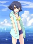  1girl :d bikini_top black_hair blue_hoodie blue_shorts blush braid breasts brown_eyes cleavage clouds cloudy_sky collarbone commentary_request eyebrows eyebrows_visible_through_hair girls_und_panzer groin hair_between_eyes hair_ornament hands_in_pockets hood hoodie looking_at_viewer medium_breasts navel ocean open_clothes open_hoodie open_mouth pepperoni_(girls_und_panzer) ruka_(piyopiyopu) short_hair short_shorts short_sleeves shorts side_braid sky smile solo star stomach water yellow_bikini_top 