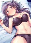  1girl blush bra breasts hagikaze_(kantai_collection) hand_on_own_chest highres kamelie kantai_collection long_hair looking_at_viewer lying on_bed panties purple_bra purple_hair purple_panties side_ponytail smile underwear yellow_eyes 