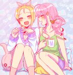  2girls blonde_hair blush bow brown_hair closed_eyes coffee_mug curly_hair hair_bow hair_ornament hairband hairclip ichinose_shiki idolmaster idolmaster_cinderella_girls laughing legs long_hair miyamoto_frederica multiple_girls open_mouth pillow ponytail short_hair short_shorts shorts sitting smile socks stuffed_animal stuffed_bunny stuffed_toy sweater 