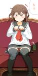  1girl bangs brown_eyes brown_hair can clenched_hands comic couch gomennasai hair_between_eyes hair_ornament hairclip highres ikazuchi_(kantai_collection) kantai_collection looking_at_viewer neckerchief panties pantyshot pantyshot_(sitting) pleated_skirt school_uniform serafuku short_hair sitting skirt straw tears thigh-highs underwear upskirt 