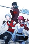  1girl 2boys aragaki_shinjirou armband beanie brown_hair evoker hair_over_one_eye hat kirijou_mitsuru long_hair minato_(robin) multiple_boys persona persona_3 red_eyes redhead ribbon sanada_akihiko school_uniform short_hair trench_coat 