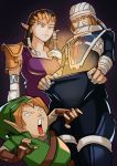  1boy 2girls blonde_hair brown_hair dress dual_persona highres link long_hair multiple_girls open_mouth pointy_ears princess_zelda reverse_trap sheik splashbrush super_smash_bros. the_legend_of_zelda the_legend_of_zelda:_ocarina_of_time the_legend_of_zelda:_twilight_princess 