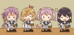  4girls ahoge akebono_(kantai_collection) animal animal_on_head bags_under_eyes bandaid bandaid_on_face bell brown_hair chopsticks closed_eyes comic crab eating fish fish_head fish_tail flower food hair_bell hair_bobbles hair_flower hair_ornament holding holding_food jingle_bell kantai_collection light_brown_hair multiple_girls narrowed_eyes oboro_(kantai_collection) open_mouth otoufu pink_hair purple_hair rabbit rice_bowl salt sazanami_(kantai_collection) school_uniform serafuku short_hair short_sleeves side_ponytail smile twintails upset ushio_(kantai_collection) 