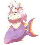  1girl ahoge bandeau blue_eyes breasts cleavage facial_mark fins fish_girl head_fins highres large_breasts long_hair looking_at_viewer mermaid monster_girl navel open_mouth oppai_751 original seashell shell solo strapless tubetop white_hair 