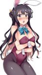  1girl :o adapted_costume animal_ears black_hair bow bowtie breasts bunny_girl bunny_tail bunnysuit covered_navel detached_collar fang hair_ribbon kantai_collection kusano_(torisukerabasu) large_breasts long_hair looking_at_viewer multicolored_eyes multicolored_hair naganami_(kantai_collection) open_mouth pantyhose pink_hair purple_legwear rabbit_ears ribbon simple_background solo tail violet_eyes white_background wrist_cuffs yellow_eyes 
