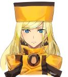  1girl ashiomi_masato blonde_hair blue_eyes fur_hat guilty_gear guilty_gear_xrd hat long_hair looking_at_viewer millia_rage signature simple_background solo upper_body ushanka white_background 
