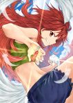  1girl amou_kanade barefoot blue_sky clenched_hand denim denim_shorts feathers green_shirt grin highres jewelry long_hair looking_at_viewer midriff necklace_removed red_eyes redhead senki_zesshou_symphogear shirt shorts sky sleeveless smile solo spiky_hair tagme 