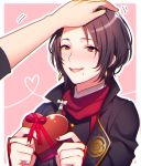  1boy chocolate chocolate_heart earrings eyebrows eyebrows_visible_through_hair heart heart_of_string jewelry kashuu_kiyomitsu lips male_focus mole mole_under_mouth nail_polish petting pink_background ponytail red_eyes red_nails scarf simple_background smile solo_focus touken_ranbu tubumi valentine 
