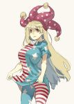  1girl alternate_breast_size american_flag_dress blonde_hair breasts clownpiece cowboy_shot dress dress_lift frilled_shirt_collar frills hat highres jester_cap large_breasts lifted_by_self long_hair looking_at_viewer muneneko no_wings older pantyhose parted_lips polka_dot print_legwear red_eyes short_sleeves smile solo star star_print touhou very_long_hair 