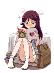  1girl bag blush book_stack convenient_leg fume hair_ornament hairclip half_updo long_hair love_live! love_live!_sunshine!! manga_(object) paper_bag pleated_skirt redhead sakurauchi_riko shikei_(jigglypuff) sitting skirt smile socks solo sparkling_eyes white_legwear yellow_eyes 