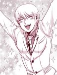  1boy ^_^ arms_up bangs blush_stickers closed_eyes dangan_ronpa dangan_ronpa_3 formal male_focus monochrome munakata_kyousuke necktie norita_(eri6m6rie) short_hair smile solo sparkle suit swept_bangs upper_body 