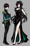  1boy 1girl aimai-me black_hair breasts cleavage dress high_heels kurosu_jun kurosu_junko long_hair military military_uniform mother_and_son opera_gloves persona persona_2 red_eyes side_slit uniform 