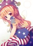  1girl :o american_flag_legwear american_flag_shirt ass beni_shake blonde_hair brown_eyes clownpiece fairy_wings from_behind hat jester_cap long_hair looking_at_viewer looking_back pantyhose polka_dot print_legwear revision short_sleeves signature solo star star_print touhou very_long_hair wings 