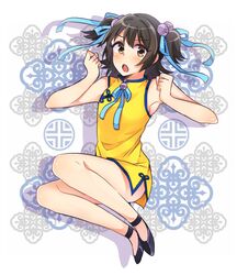  1girl :o akagi_miria anklet armpits bell black_hair blush brown_eyes china_dress chinese_clothes dress idolmaster idolmaster_cinderella_girls jewelry jingle_bell jumping open_mouth solo twintails usameruti 