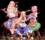  3girls absurdres bandaged_arm belt black_background black_legwear blonde_hair blue_skirt blush bun_cover chain contrapposto cuffs gourd green_skirt highres horns hoshiguma_yuugi ibaraki_kasen ibuki_suika long_hair looking_at_viewer low-tied_long_hair mappe_(778exceed) multiple_girls orange_eyes pantyhose pink_hair red_eyes red_shoes ribbon-trimmed_skirt sakazuki shackles shirt shoes short_hair sidelocks simple_background single_horn skirt sleeveless standing star tabard toeless_legwear tongue tongue_out touhou white_shirt 