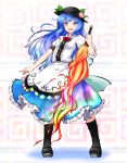  1girl blouse blue_hair blue_skirt boots hat highres hinanawi_tenshi huyusilver knee_boots long_hair puffy_short_sleeves puffy_sleeves short_sleeves skirt sword_of_hisou touhou white_blouse 