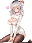  1girl between_legs blue_eyes blush breasts hand_between_legs hat heart kantai_collection kashima_(kantai_collection) kneeling medium_breasts open-chest_sweater panties pantyhose pantyhose_pull shiny shiny_skin silver_hair smile solo sweater two_side_up underwear untsue white_background 