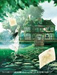  1girl barefoot black_hair blurry commentary depth_of_field drawing envelope from_behind fusui holding house long_hair original overgrown paper path plant pond road scenery signature skirt solo stairs suit_jacket sunlight tree vines water water_drop wind 