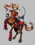  1girl animal_ears black_gloves blonde_hair bow_(weapon) breasts centaur collaboration colored eu03 full_body gloves green_eyes grey_background horse_ears leg_warmers long_hair mariel_cartwright matilda_(shining_force) medium_breasts monster_girl pauldrons ponytail quiver shining_(series) shining_force_ii sidelocks solo tail weapon 