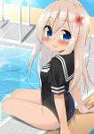  1girl adapted_costume blonde_hair blue_eyes blush cacao_(cacao0809) flower hair_flower hair_ornament highres kantai_collection nontraditional_school_swimsuit poolside ro-500_(kantai_collection) sailor_collar school_swimsuit school_uniform serafuku smile solo swimsuit wet 
