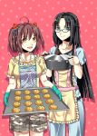  2girls :d ahoge apron black_hair bread brown_hair camouflage commentary_request food gaokao.love.100days green_eyes highres long_hair luo_xiaohan melon_bread multiple_girls muxin open_mouth pai_(1026508292) pants polka_dot polka_dot_background polka_dot_shirt shirt short_hair shorts smile twintails yellow_eyes 