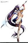  1girl absurdly_long_hair absurdres blue_skirt breasts cleavage gotou_junji hair_ornament hair_over_one_eye highres holding holding_weapon ikkitousen kan&#039;u_unchou large_breasts long_hair low-tied_long_hair pleated_skirt polearm purple_hair shirt simple_background skirt solo tied_hair torn_clothes torn_shirt under_boob very_long_hair weapon white_background white_legwear white_shirt 