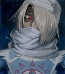  1girl androgynous blonde_hair covering_mouth dark_skin goma_tonbi hair_over_one_eye long_hair pointy_ears red_eyes reverse_trap sheik the_legend_of_zelda the_legend_of_zelda:_ocarina_of_time 