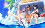  3girls ahoge animal animal_ears aqua_eyes arm_at_side bandaid_on_leg bangs bare_arms bare_legs bare_shoulders barefoot baseball_cap bikini black_hair blue_jacket blue_sky blush bob_cut bottle breasts cat_ears cat_tail ceiling character_request clouds dark_skin day directional_arrow earphones female fish fishing fishing_rod flat_chest flip-flops food food_in_mouth from_below fruit hat highres holding holding_food jacket knees_together_feet_apart large_breasts lens_flare lifebuoy m18_hellcat_(panzer_waltz) multiple_girls ocean outdoors outstretched_leg overalls palm_tree panzer_waltz paw_print popsicle purple_hair sandals see-through shade shirt shoes short_sleeves side-tie_bikini sitting sky sneakers strap_slip summer sun sweat swimsuit t-shirt tail tree v_arms water watermelon wet wet_clothes wet_shirt wire yun_yang 