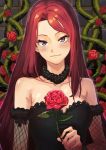  1girl bangs bare_shoulders black_dress blue_eyes choker detached_sleeves dress eyelashes fishnets flower long_hair looking_at_viewer mole mole_under_eye original potato_(sksnabi) red_rose redhead rose smile solo strapless strapless_dress swept_bangs thorns upper_body 