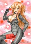  1girl :d asuna_(sao) breasts brown_eyes brown_hair cleavage long_hair marker_(medium) open_mouth smile solo sword_art_online takecha traditional_media 