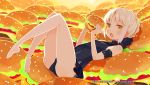  :o arm_garter bare_legs barefoot blonde_hair braid copyright_name fate/stay_night fate_(series) food french_braid hamburger harada_takehito holding open_mouth saber saber_alter too_many yellow_eyes 