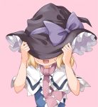  1girl :d alice_margatroid black_bow blonde_hair blue_dress bow capelet commentary_request dress frills hat hat_bow neck_ribbon open_mouth pink_background pink_ribbon ribbon ruu_(tksymkw) short_hair smile solo touhou upper_body witch_hat 