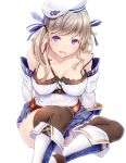  1girl arms_behind_back bangs bare_shoulders beret black_legwear blue_eyes blue_skirt blush boots breasts breasts_apart cleavage collarbone covered_nipples detached_sleeves eyebrows eyebrows_visible_through_hair granblue_fantasy grey_hair hair_ribbon hat kukuru_(granblue_fantasy) long_hair long_sleeves matsukawa_(pale_scarlet) medium_breasts miniskirt open_mouth pleated_skirt ribbon simple_background sitting skirt smile solo strap striped striped_ribbon thigh-highs twintails white_background white_boots white_hat 
