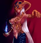  1girl 8tan armpits blue_fire breasts cleavage closed_mouth covered_eyes cowboy_shot curtains dark_skin demon_girl demon_horns fingernails fire from_side helmet highres horns large_breasts long_hair navel original pointy_ears revealing_clothes sharp_fingernails sideboob solo stomach very_long_hair white_hair 