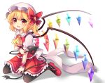  1girl \||/ absurdres ascot black_legwear blonde_hair bow commentary_request crystal eyebrows eyebrows_visible_through_hair flandre_scarlet full_body hair_bow hat highres laevatein looking_at_viewer mob_cap orange_eyes pantyhose puffy_short_sleeves puffy_sleeves red_shoes red_skirt red_vest ruhika shadow shoes short_sleeves side_ponytail simple_background sitting skirt solo touhou wariza white_background white_bow white_hat wings wrist_cuffs 