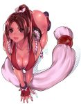  1girl all_fours ass breasts brown_eyes brown_hair cleavage fatal_fury fingerless_gloves gloves hair_ribbon hifumi_(art_sky_littel) japanese_clothes large_breasts lips ninja ponytail revealing_clothes ribbon rope shimenawa shiranui_mai sideboob solo tabi the_king_of_fighters v_arms 
