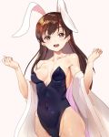  1girl :d animal_ears bangs bare_shoulders black_leotard breasts brown_eyes brown_hair bunnysuit collarbone covered_navel cowboy_shot highleg highleg_leotard idolmaster idolmaster_cinderella_girls leotard long_hair looking_at_viewer medium_breasts nitta_minami off_shoulder open_mouth rabbit_ears shovelwall simple_background smile solo swept_bangs twitter_username w_arms wrists_extended 