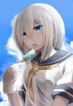  1girl blue_eyes blue_sky breasts clouds eating food gloves hair_between_eyes hair_ornament hairclip hamakaze_(kantai_collection) highres holding holding_food kantai_collection licking long_hair medium_breasts miyabino_(miyabi1616) necktie popsicle school_uniform serafuku short_sleeves silver_hair sky solo sweat tongue tongue_out upper_body white_gloves yellow_necktie 
