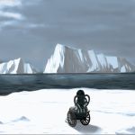  1girl absurdres artist_request black_hair blue_sky commentary_request dress glacier highres ice long_hair long_sleeves ocean original outdoors sitting sky snow solo wheelchair white_dress winter 